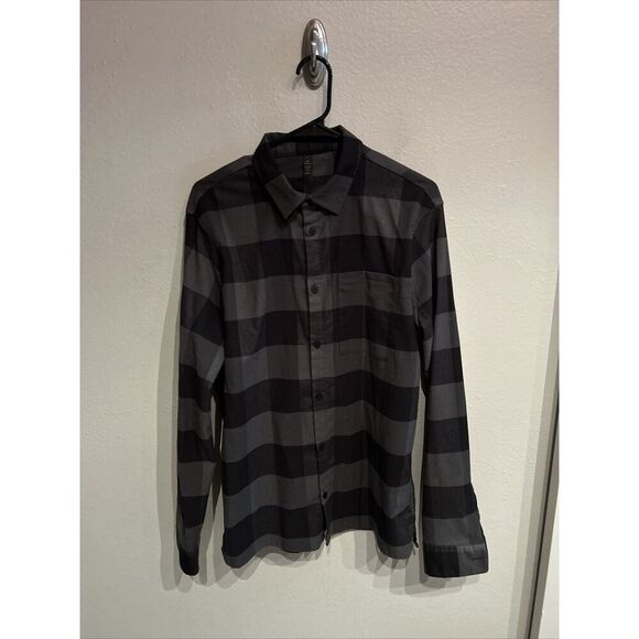 Lululemon Mens Large Masons Peak Flannel Black Gray Button Up Shirt SP - Picture 1 of 7